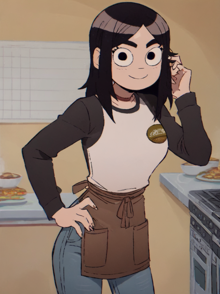 <lora:StaceyPilgrimPony1.0:1> StaceyPilgrim, 1girl, solo, black hair, apron, black eyes, pants, long sleeves, shirt, long hair, jeans, indoors, looking at viewer smile, looking at viewer,smile, cowboy shot,, score_9, score_8_up, score_7_up, score_6_up