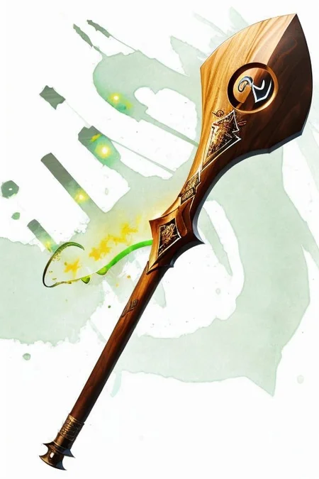 shovel,-axe hybrid, wood handed, (dark wood handle:1.1), with (glowing runes:1.2) , metal shovel head