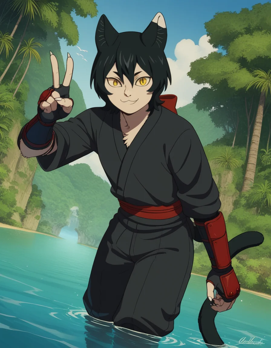 score_9, score_8_up, score_7_up, source_anime, <lora:izutsumi-s1-ponyxl-lora-nochekaiser:1>, izutsumi, black hair, animal ears, tail, yellow eyes, cat ears, cat tail, cat girl, slit pupils,, japanese clothes, gauntlets, ninja, black shirt, black pants,, island, water, tropical, trees, isolation, smile, v,, looking at viewer, solo,, dutch angle, cowboy shot