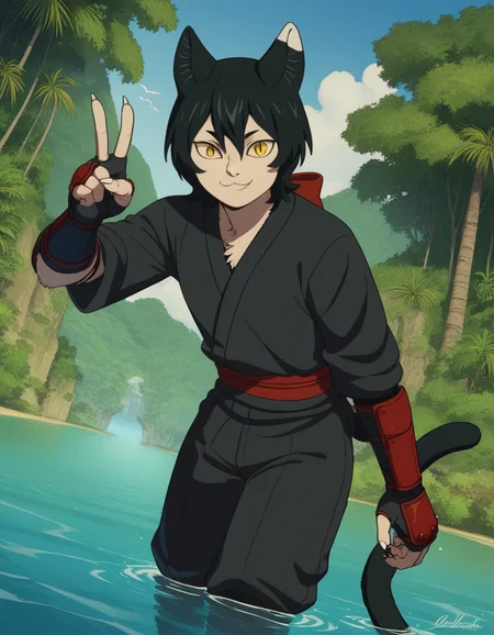 score_9, score_8_up, score_7_up, source_anime, <lora:izutsumi-s1-ponyxl-lora-nochekaiser:1>, izutsumi, black hair, animal ears, tail, yellow eyes, cat ears, cat tail, cat girl, slit pupils,, japanese clothes, gauntlets, ninja, black shirt, black pants,, island, water, tropical, trees, isolation, smile, v,, looking at viewer, solo,, dutch angle, cowboy shot