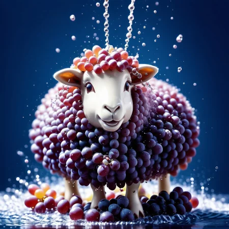 sheep hair made of grapes, splash water, flashing particles, depth of field, clean background, made from grapes