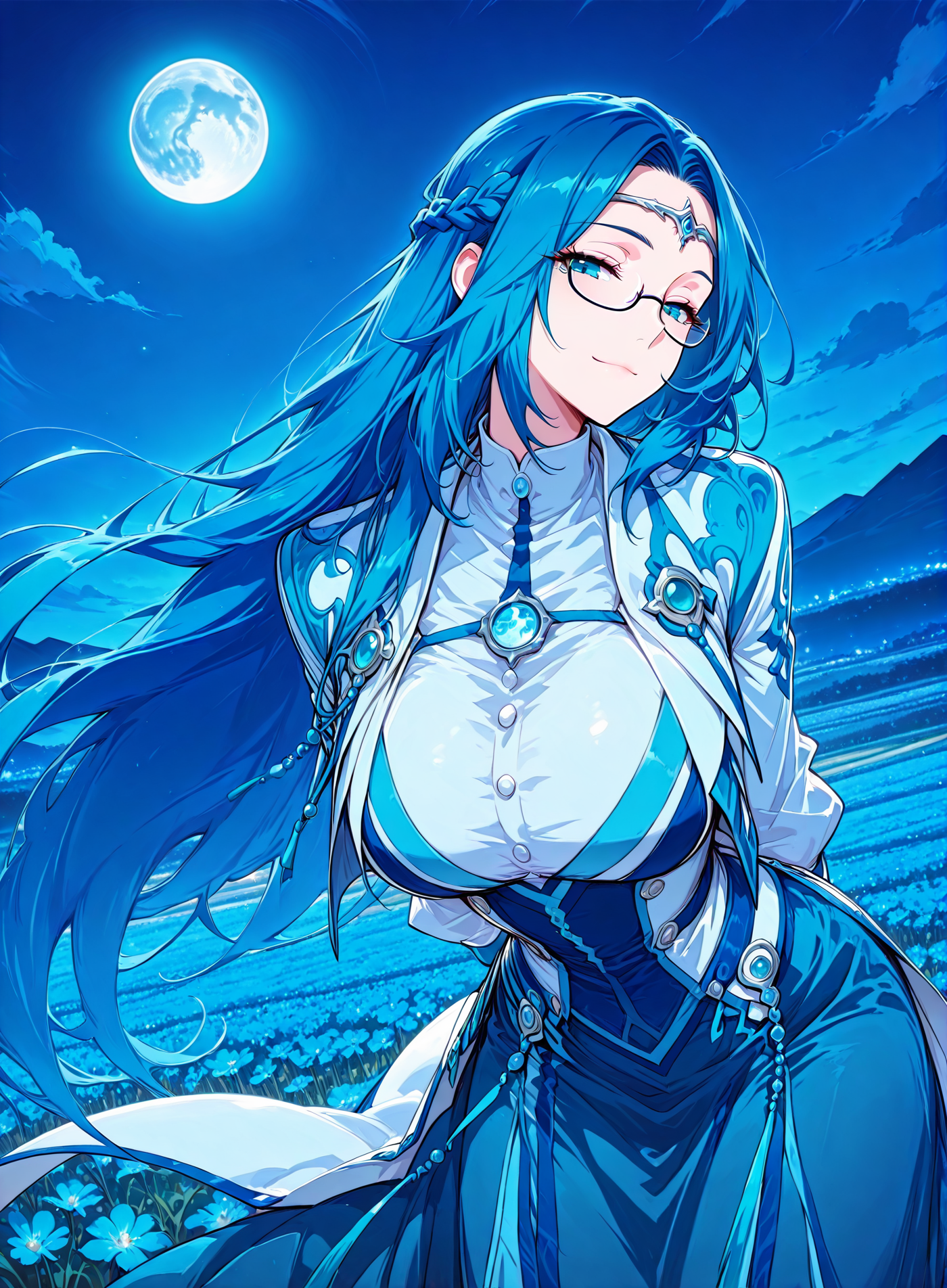 <lora:Ruo_Ling__Battle_Through_the_Heavens__Illustrious:1>
1 girl, solo, blue eyes, very long hair, blue hair, french braid, half updo, 
dress, long skirt, long sleeves, bottons, circlet, jewelry, glasses, semi-rimless eyewear,  
score_9, score_8_up, score_7_up, very aesthetic, source_anime, detailed, high quality, beautiful, masterpiece, detailed eyes, field, blurry background, pose dynamic angle, upper body, cowboy shot, light smile, floating hair, half-closed eyes, hands behind back, leaning forward, looking forward, looking at viewer, night, blue sky, blue moon, <lora:iLLMythG0thicL1nes:1>