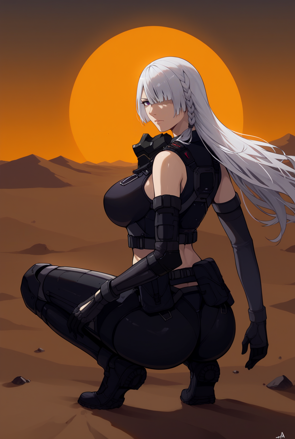 score_9, score_8_up, source_anime  BREAK solo, cowboy shot, looking at viewer,
 <lora:Ak15PdxlDwnsty-000008:1>, ak15chick, purple eyes, white hair, long hair, hair over one eye, side braid, tactical clothes, black gloves, elbow gloves, mask around neck, bodysuit, crop top, armor, midriff, back,
large breasts, curvy, expressionless, serious, squatting, ass, from side,
wasteland, desert, wind, sun, trench,
<lora:nai3_check2:0.8>
