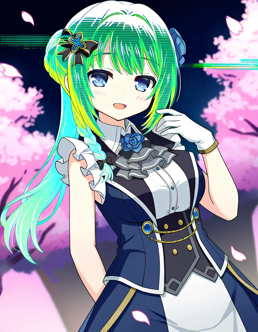 masterpiece, best quality, newest, absurdres, highres, safe, 1girl, yakumo mitama, magia record: mahou shoujo madoka magica gaiden, glitch hair, glitch, open mouth, solo, outdoors, cherry blossoms, night, dutch angle, <lora:yakumo_mitama_noobaiXLNAIXL_vPred10Version:0.7>