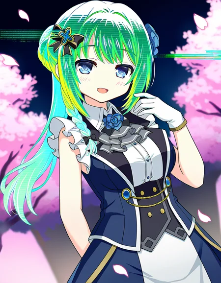 masterpiece, best quality, newest, absurdres, highres, safe, 1girl, yakumo mitama, magia record: mahou shoujo madoka magica gaiden, glitch hair, glitch, open mouth, solo, outdoors, cherry blossoms, night, dutch angle, <lora:yakumo_mitama_noobaiXLNAIXL_vPred10Version:0.7>
