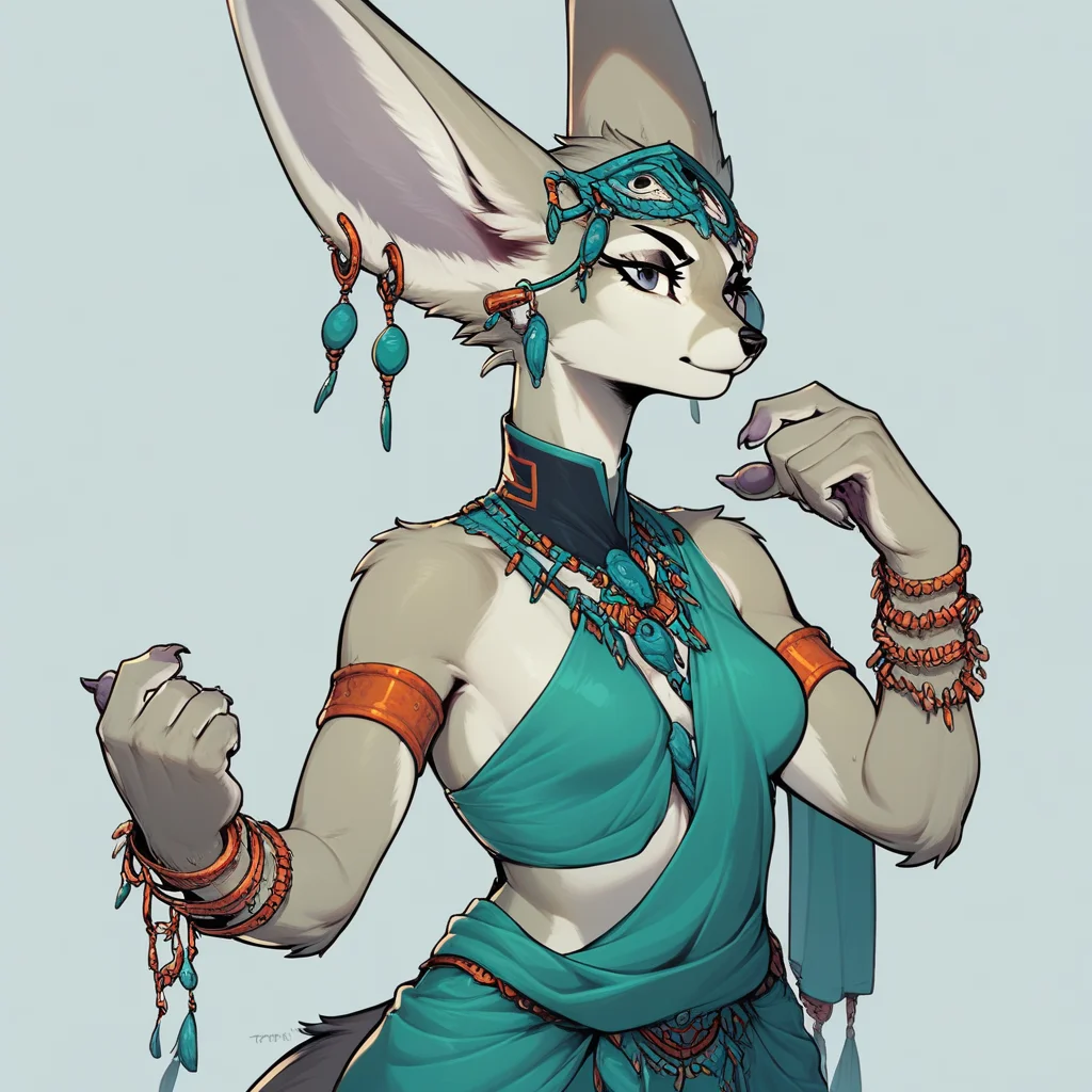 furry female, snout, bracelet, claws, solo, furry, fennec ears, earrings, grey fur, 1girl