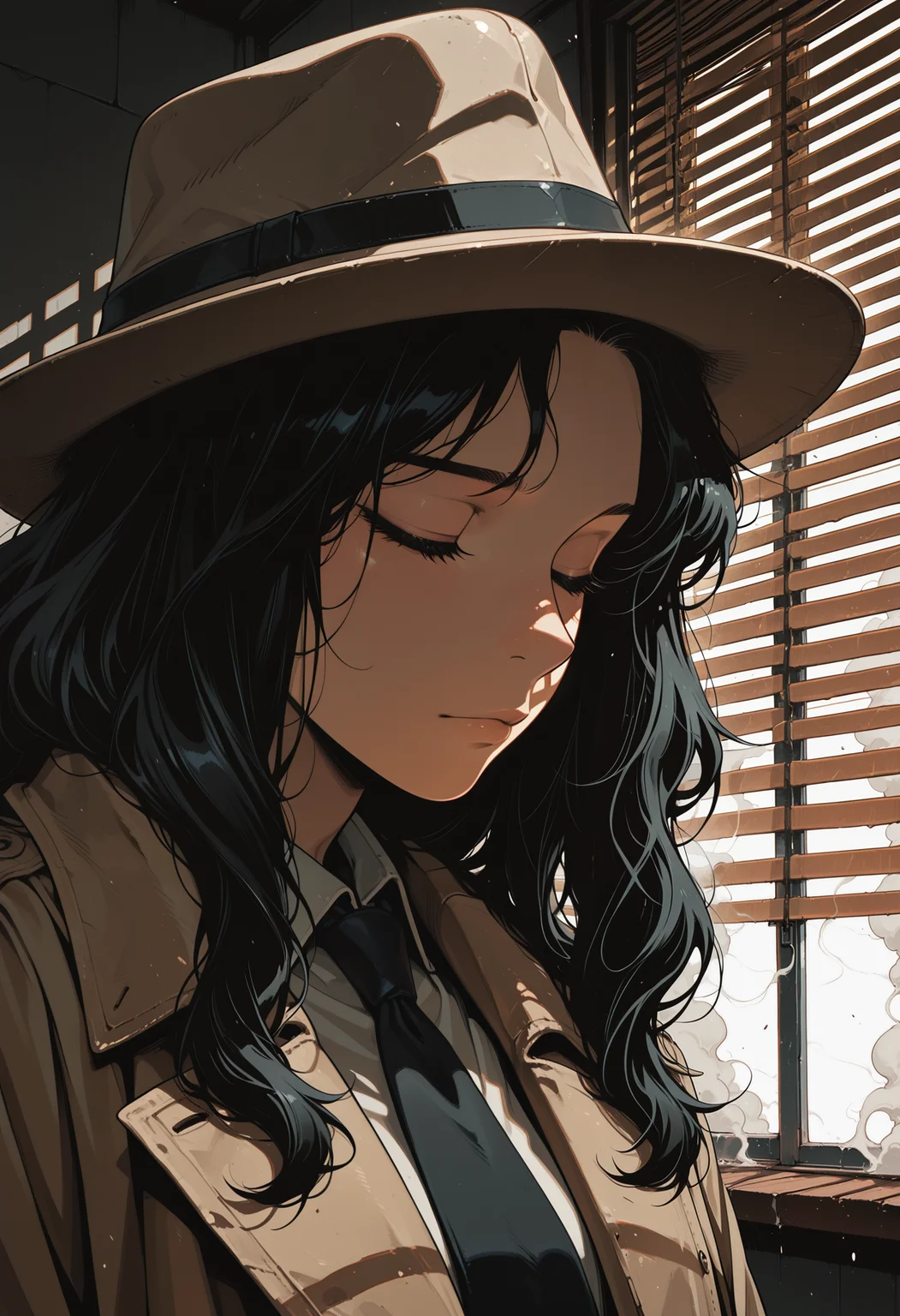embedding:IllusP0s, codex sss chroma
1girl, solo, close-up, looking_down, closed_eyes, shadows, hat, fedora, trench_coat, tie, shirt, long_hair, black_hair, wavy_hair, smoke, window_blinds