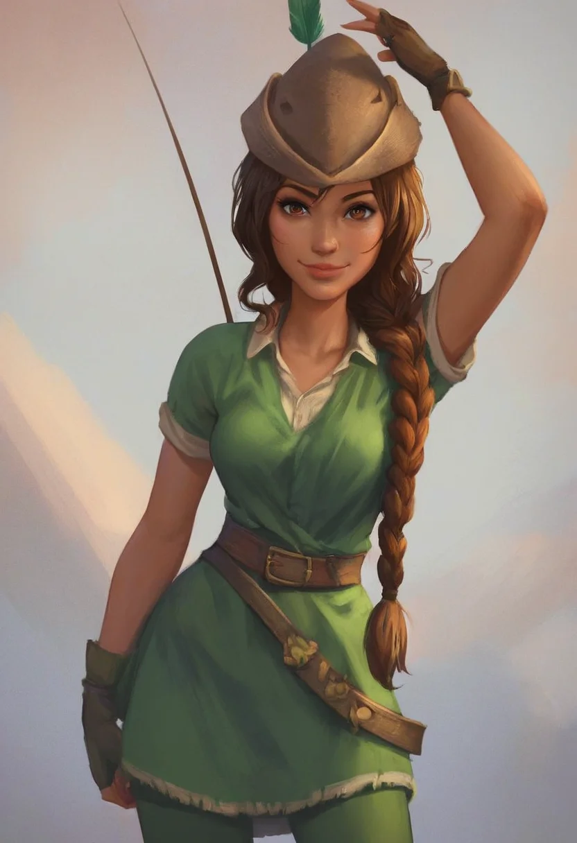 score_9, score_8_up, score_7_up, 1girl, solo, carol_of_the_arrow, brown hair, brown eyes, dark skin, braid, long hair, belt, hat, green tunic, green tights, dynamic posing, dynamic angle, looking at viewer, light smile, simple background