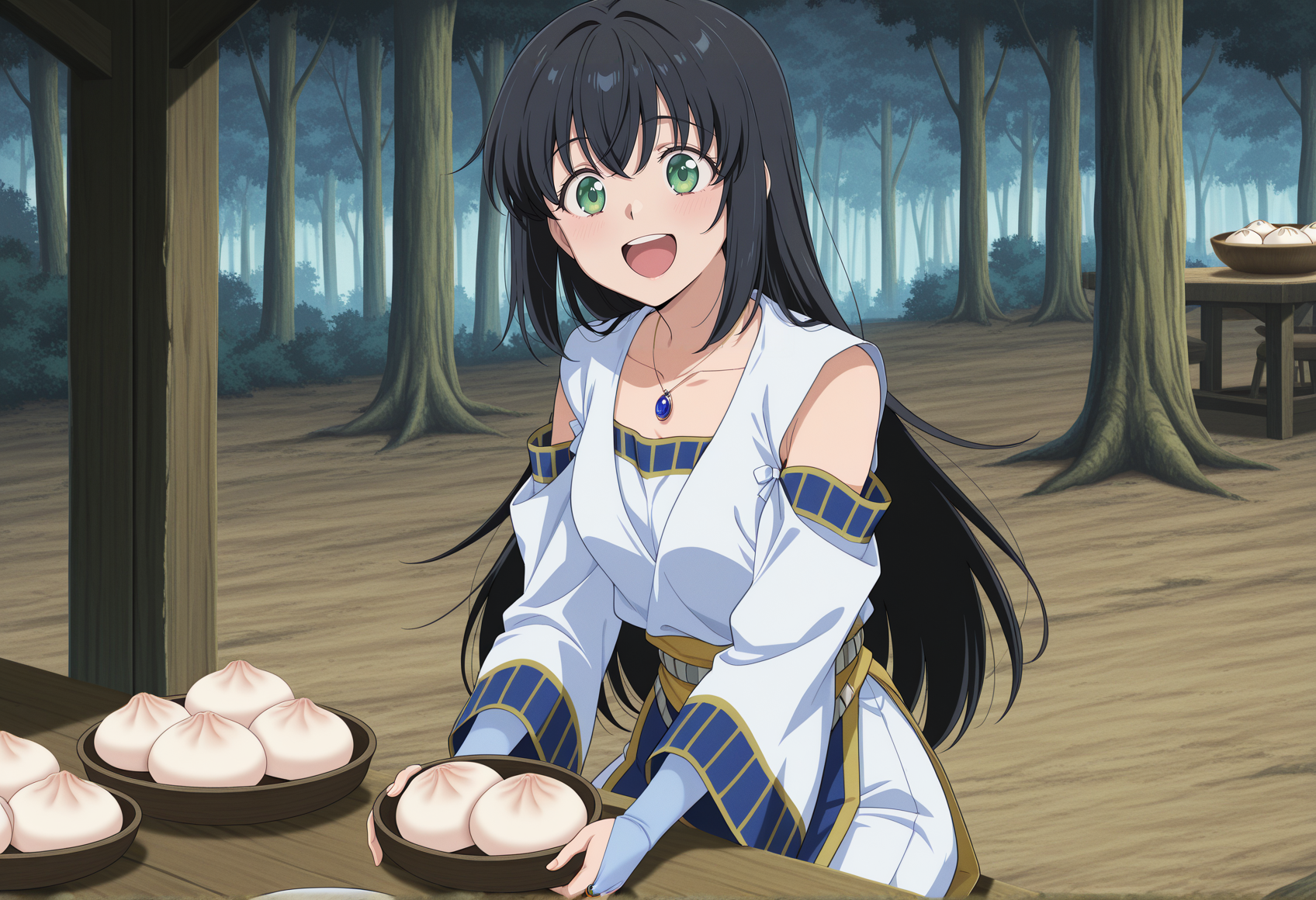 anime screencap, anime screenshot, anime coloring, 1girl, solo, outdoors, forest, black hair, long hair, pendant, green eyes, white dress, long sleeves, wide sleeves, detached sleeves, bare shoulders, bridal gauntlets, sitting, smile, baozi, upper body, happy, tavern <lora:viki_illus:1>, masterpiece, best quality, amazing quality, very aesthetic, absurdres, highres, newest