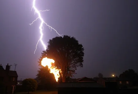 Lightning strike on tree, night setting, dark sky, intense white and purple lightning bolt, bright illumination, tree engulfed in flames, urban neighborhood in background, residential houses, rooftop silhouettes, rainstorm atmosphere, stark contrast between lightning and dark sky, dramatic scene, sharp focus, amateurish quality, blurred background., 