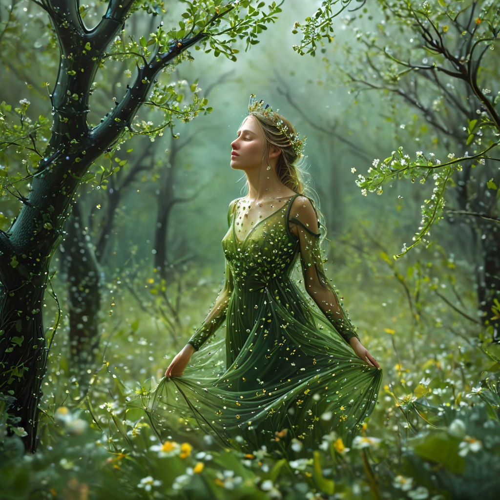 epiCRealism, (masterpiece, extremely detailed, highest quality),the queen of the forest is the most beautiful creature in the woods, cute, sensual, wears a see through dress made of tiny leaves, light, carefree, smile and happy, levitating just over the flowers in her glade among old oaks and willows, her hair flots behind her long and green full of small flowers, it is springtime and a storm has just finished leaving trillions of drops and the air is full of birds, bees, insects and a myriad of small seeds, the Sun shines glorious among the heavy stormy clouds sending its rays down to the glade like columns of light
