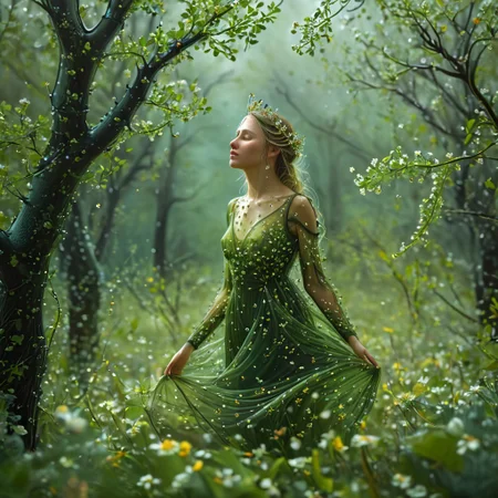 epiCRealism, (masterpiece, extremely detailed, highest quality),the queen of the forest is the most beautiful creature in the woods, cute, sensual, wears a see through dress made of tiny leaves, light, carefree, smile and happy, levitating just over the flowers in her glade among old oaks and willows, her hair flots behind her long and green full of small flowers, it is springtime and a storm has just finished leaving trillions of drops and the air is full of birds, bees, insects and a myriad of small seeds, the Sun shines glorious among the heavy stormy clouds sending its rays down to the glade like columns of light
