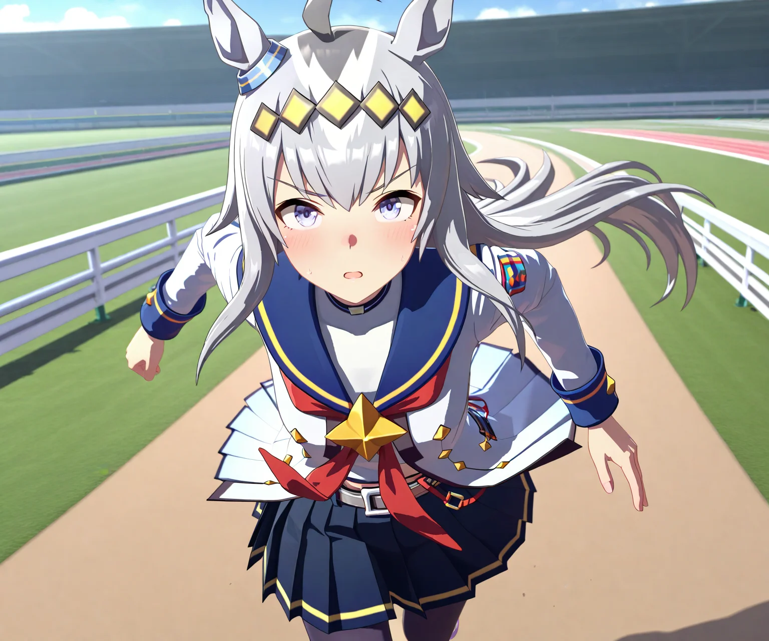 masterpiece, best quality, amazing quality, , 1girl, solo, racetrack, running, <lora:Oguri Cap in game style 3D ILL-v2:1> ummsmingame, 3d, oguri cap \(umamusume\),