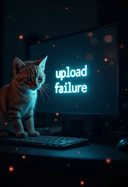 a glowing computer screen showing a text:"upload failure", dark, particle lights, a little cat looking at the computer screen, serious face, sitting, angry,