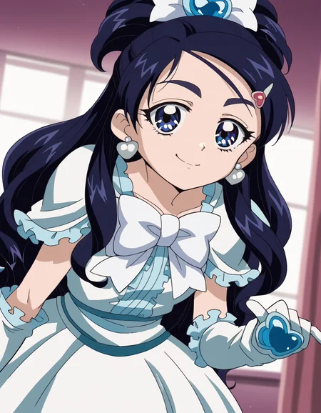 score_9, score_8_up, score_7_up, source_anime, <lora:honoka-yukishiro-anime-ponyxl-lora-nochekaiser:1>, honoka yukishiro, long hair, blue eyes, hair ornament, blue hair, hairclip,, dress, jewelry, earrings, magical girl, half updo, cure white, frills, bowtie, white bowtie, gloves,, indoors, bent over, smile, smug, looking at viewer, solo,, cowboy shot, dutch angle