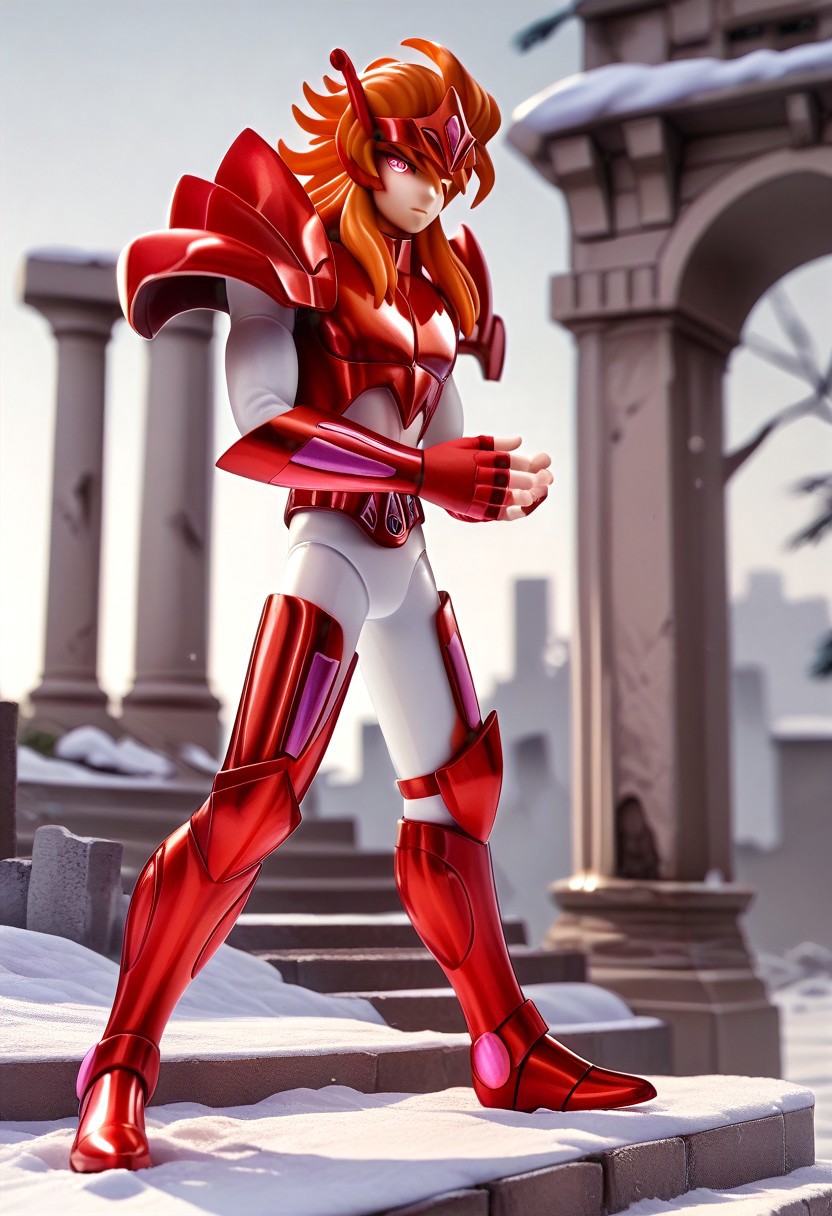 score_9, score_8_up, score_7_up, FMW1, painterly, vibrant details, (gradient eyes:1.4), full body view, 1boy, male focus, slender figure, benetmime, long wavy orange hair, slender figure, red circlet, pink eyes, red armor, red pauldrons, white sleeves, red vambraces, red fingerless gloves, red belt, white pants, red greaves, holding harp, outdoors, ruins, snow, shiny armor, leaning against a pillar