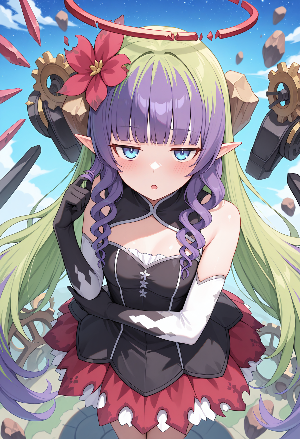 highres, best quality, masterpiece, blue sky, starry sky, floating rock, day, depth of field, blurry, mechanical wings, gears, 
1girl, solo, pcramth, very long hair, blunt bangs, purple hair, green hair, two-tone hair, pointy ears, red halo, hair flower, red flower, hair ornament, ringlets, blue eyes,
amthdef, black dress, sleeveless dress, bare shoulders, black gloves, elbow gloves, two-tone gloves, torn skirt, red skirt, frills,
looking at viewer, blush, jitome, open mouth, 
hair twirling, hand on own elbow, from above,
<lora:_ameth_pcr-elesico-ilxlE:1>