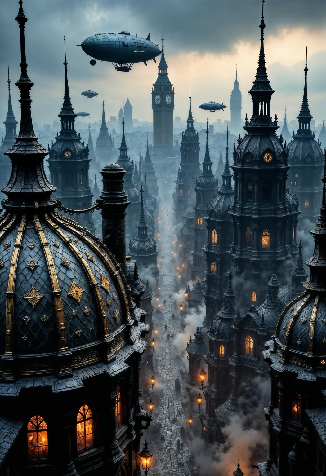 depicting a sprawling, fantastical cityscape with a steampunk aesthetic. The layout is a wide panoramic view showcasing a dense array of intricately designed buildings with pointed spires, domes, and elaborate architectural details. The structures are predominantly dark with hints of blue and bronze, creating a moody atmosphere. In the sky, several airships float among the clouds, adding to the steampunk theme. The city is bathed in a soft, diffused light, suggesting either dawn or dusk, with a warm glow emanating from windows and streetlights. Smoke rises from chimneys, contributing to the industrial feel. The foreground features a large, ornate dome with intricate patterns, while the background reveals a vast city stretching into the distance, with towering buildings silhouetted against the sky. The overall scene is rich in detail, evoking a sense of wonder and adventure.