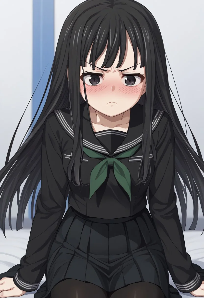 1girl, solo, byakuya rinne, black eyes, black serafuku, green neckerchief, black skirt, black pantyhose, blush, pout, annoyed, source_anime, score_9