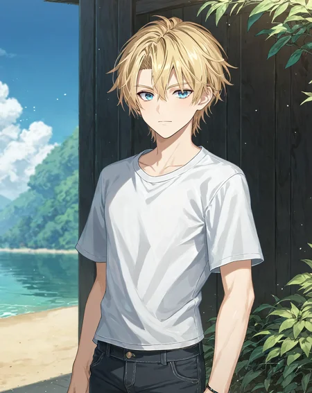 score_9, score_8_up, score_7_up, original style, depth of field, BREAK, rating_safe, 1boy, solo, yaoi, male focus, cowboy shot, skinny, <lora:brammashell_pony:1> brammashell_gc, blonde hair, blue eyes, short hair, hair between eyes, bangs, casual, pants, looking at viewer, facing viewer, outdoors, day,<lora:sdxl_lightning_8step_lora:1> <lora:xl_more_art-full_v1:0.5> <lora:Pony_DetailV2.0:1> <lora:Pony_QualityV4.0:1>
