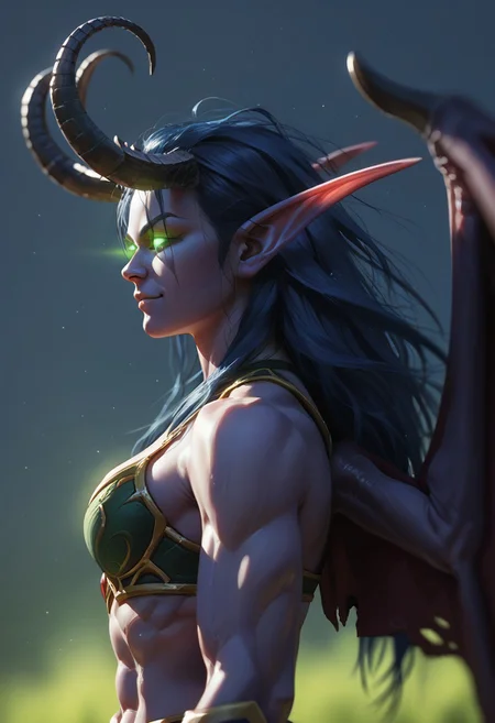 score_9_up,score_8_up,score_7_up,score_6_up,score_5_up,score_4_up,rating_safe,detailed,epic,depth of field,perfect lighting,light particles,1girl, woman,elf, demon, dem0m hunter, pointy ears, glowing eyes, wings, horns, claws, glowing tatoos, abs, navel, muscular body, simple background, hooves, dark blue hair, long hair, messy hair, night elf, voilet skin, athletic, evil smirk, semi-side view, close-up. beautiful face