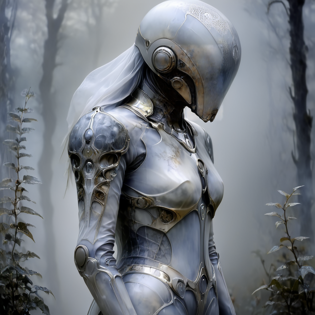 <lora:Ethereal_Gothic_EleganceSDXL:1> Ethereal Gothic Elegance, The image is a digital art piece that appears to be a representation of a futuristic or sci-fi character. The character is standing in a foggy or misty environment with trees and bushes in the background. The figure is wearing a large metallic helmet with a unique design on its head and body. The helmet is covered in intricate patterns and designs with a large eye in the center and a small nose and mouth. The body of the figure is also covered in a layer of fog or mist giving it a mysterious and eerie appearance. The overall mood of the image is eerie and mysterious., solo, upper body, tree, helmet, armor, from side, fog, profile, 1girl, realistic