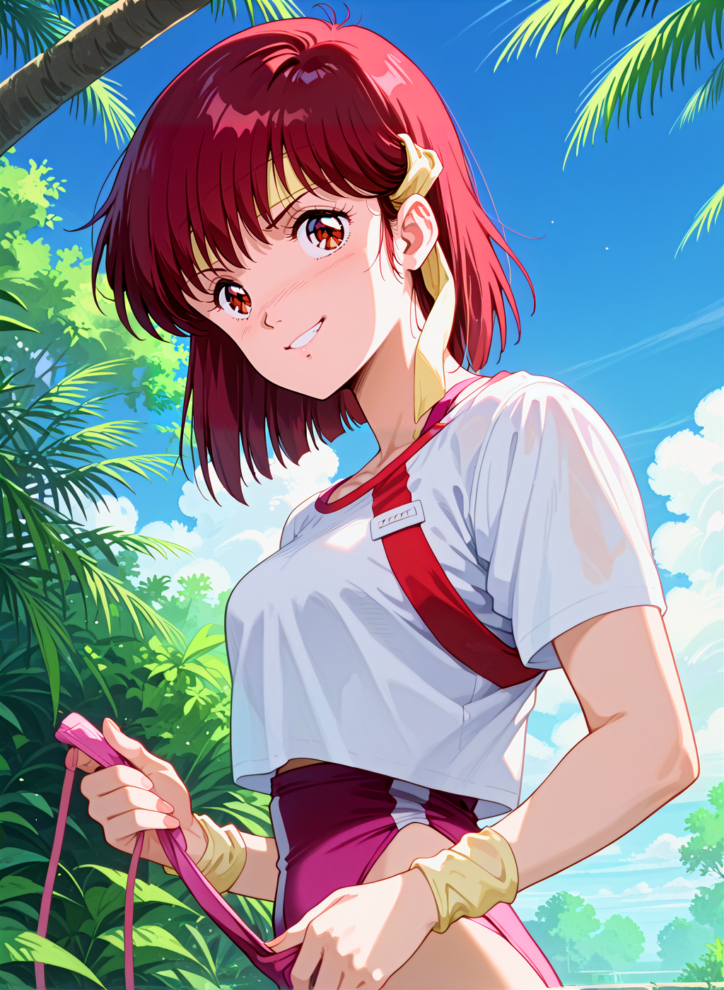 score_9,score_8_up,score_7_up,source_anime,anime,nsfw,rating_explicit,uncensored,High quality,Ultra detailed,best quality,insanely detailed,beautiful,masterpiece,perfect lighting BREAK
outdoors,<lora:takaya_noriko_V1:1>,(takaya_noriko, red hair, short hair, brown eyes,),(pink leotard,white shirt,short sleeves,sleeves rolled up,collarbone),(1980s (style), retro artstyle),1girl,solo,smirk,posing,from_side,,looking_at_viewer,