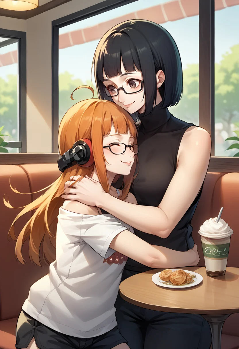 score_9, score_8_up, score_7_up, source_anime, 2girls, hugging, mother and daughter, happy, indoors, cafe BREAK
1girl, closed eyes, happy tears, smile, <lora:zs_FutabaXL:1> futabadef, orange hair, long hair, blunt bangs, glasses, ahoge, behind-the-head headphones, white shirt, green fur-trimmed jacket, off shoulder jacket, black shorts, black thighhighs BREAK
1girl, smile, <lora:zs_WakabaXL:1> wakabap5, black hair, bob cut, blunt bangs, glasses, black turtleneck, medium breasts, sleeveless, leather pants