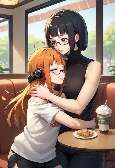 score_9, score_8_up, score_7_up, source_anime, 2girls, hugging, mother and daughter, happy, indoors, cafe BREAK
1girl, closed eyes, happy tears, smile, <lora:zs_FutabaXL:1> futabadef, orange hair, long hair, blunt bangs, glasses, ahoge, behind-the-head headphones, white shirt, green fur-trimmed jacket, off shoulder jacket, black shorts, black thighhighs BREAK
1girl, smile, <lora:zs_WakabaXL:1> wakabap5, black hair, bob cut, blunt bangs, glasses, black turtleneck, medium breasts, sleeveless, leather pants