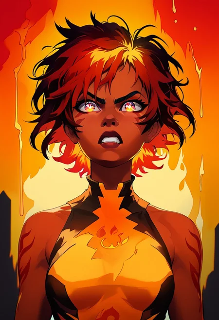 score_9, score_8_up, score_7_up, TKMND, ARKN2, volumetric lighting, portrait, face focus, cel shading, face adorned with shadows,
BREAK
1girl, short hair, red pupils, fire mage, fiery hair, messy hair, dark red hair, leotard, gold patterns on leotard, angry face, sparkling eyes, arcane energy, lava dripping down face, dripping lava, flames in background, flames accentuates features,