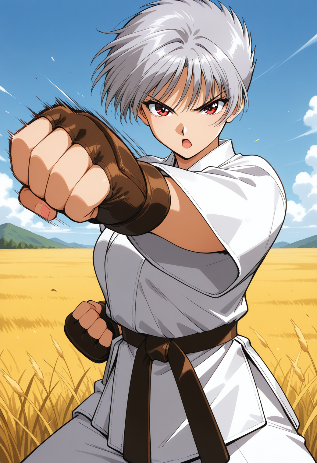 houjyou_torami, red eyes, grey hair, short hair, dougi, karate wear, black belt, martial arts belt, fingerless gloves, <lora:asuka120_houjyou_torami_illustrious_ver1:0.8> 
serious, open mouth, attack, (punching:1.4),, masterpiece, best quality, general,, 1girl, solo, (field:1.2), (blue sky:1.2), looking at viewer,