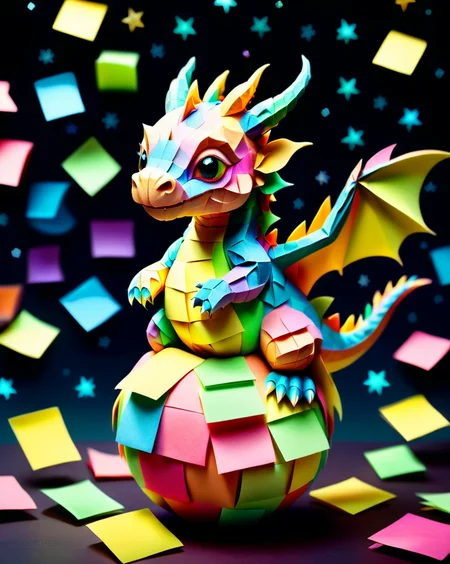 a small colorful cute baby dragon with tiny scales made out of Jed-StickyN, dynamic pose, dynamic angle, dark fantasy, intricate details, ultra wide shot, zoomed out, standing on a ball,
<lora:StickyNotesStyle:1>, <lora:add-detail-xl:0.7>, <lora:sd_xl_dpo_lora_v1:1>, <lora:xl_more_art-full_v1:0.3>, set against a background of a starry sky,