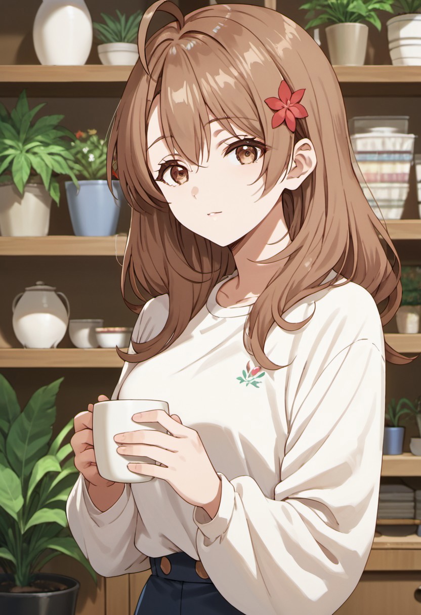 score_9, score_8_up, score_7_up, source_anime,maria mikhailovna kujou, brown hair, long hair, brown eyes, 1girl, hair ornament, solo, hair flower, flower, looking at viewer, ahoge, indoors, shelf, plant, potted plant, cup, anime coloring