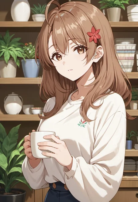 score_9, score_8_up, score_7_up, source_anime,maria mikhailovna kujou, brown hair, long hair, brown eyes, 1girl, hair ornament, solo, hair flower, flower, looking at viewer, ahoge, indoors, shelf, plant, potted plant, cup, anime coloring