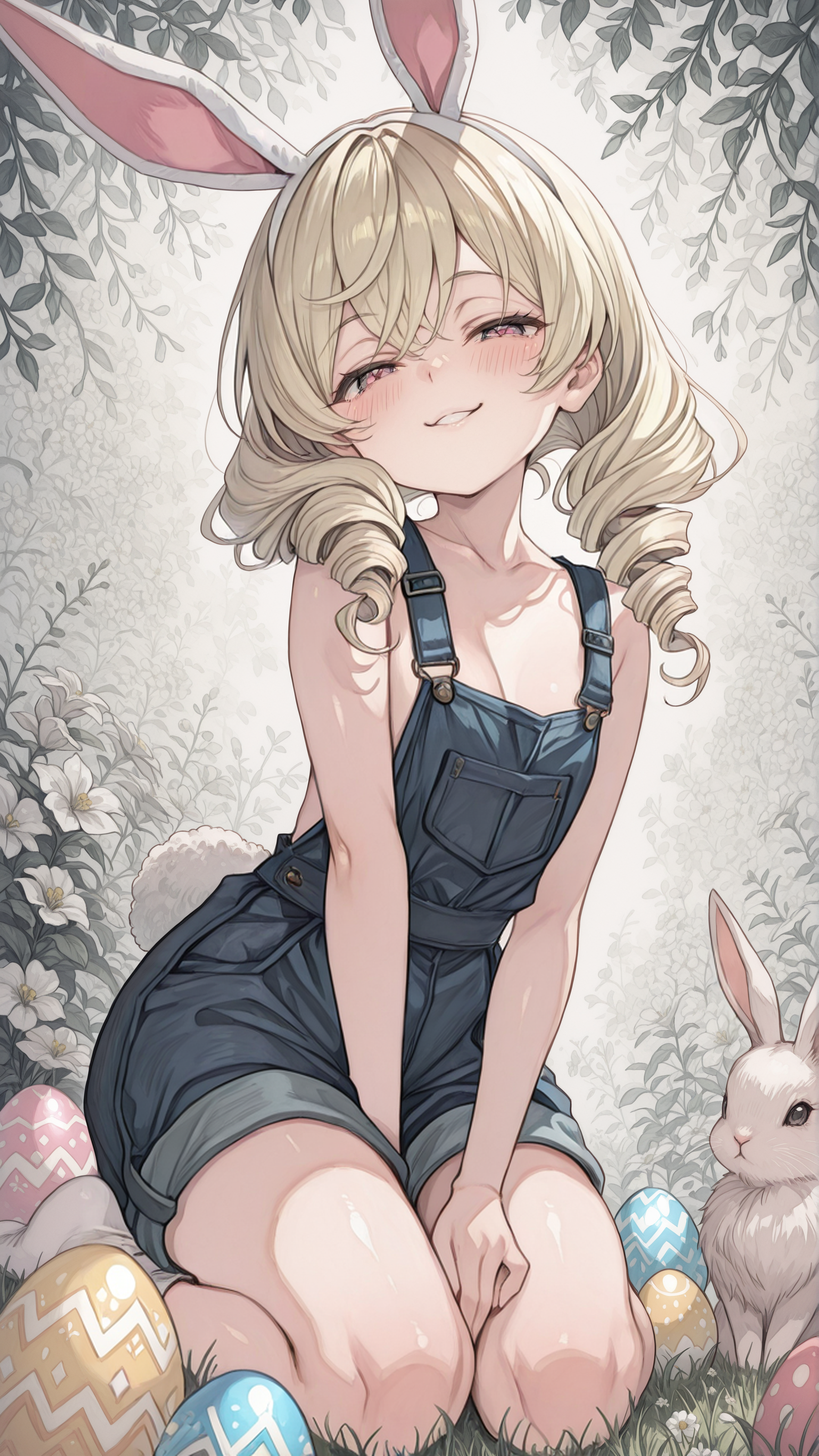 masterpiece, newest,absurdres,incredibly absurdres, best quality, amazing quality, very aesthetic, 
1girl,  flower background, easter egg, naughty face, blonde, (twin drills:1.4), overalls, bunny,
 <lora:rusetsuksr_style:1> rusetsuksr_illu, <lora:re4lity:1> re4lity_sync_illu
