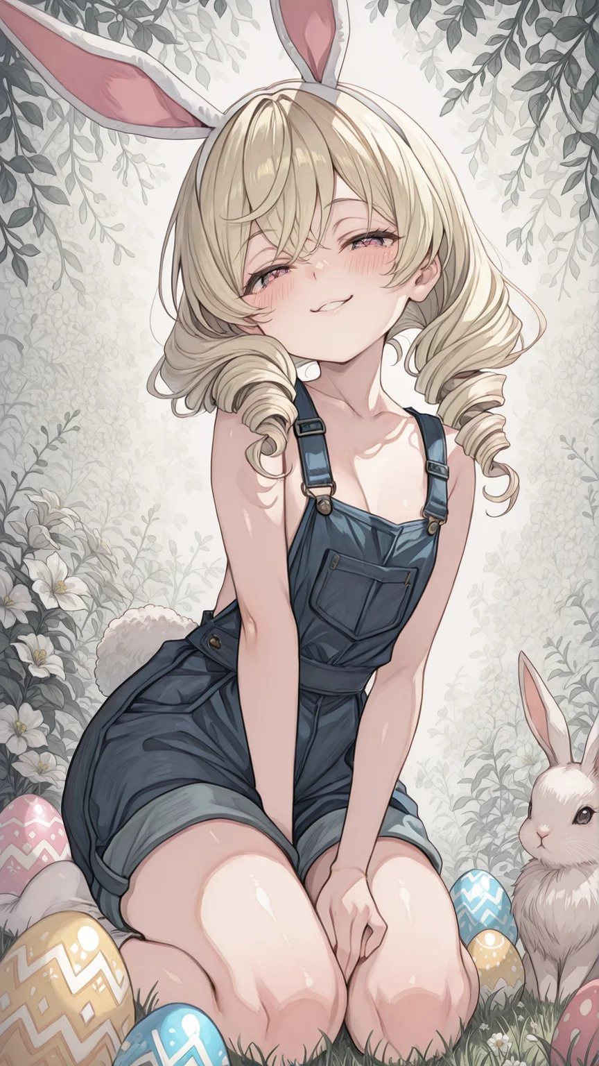 masterpiece, newest,absurdres,incredibly absurdres, best quality, amazing quality, very aesthetic,
1girl, flower background, easter egg, naughty face, blonde, (twin drills:1.4), overalls, bunny,
<lora:rusetsuksr_style:1> rusetsuksr_illu, <lora:re4lity:1> re4lity_sync_illu