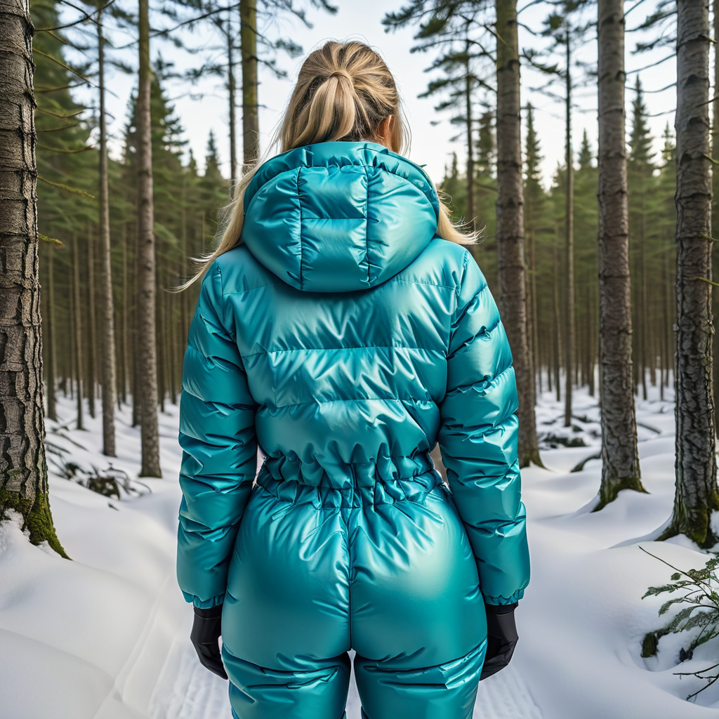 (rear shot)  one swedish 40 year old women wearing aDoodle-inspired illustrations    downsuit puffer_downsuit , hyperdetailed photography,4k textures,intricate details,4k resolution,  <lora:puffer_downsuit_v1:0.4> forest scene