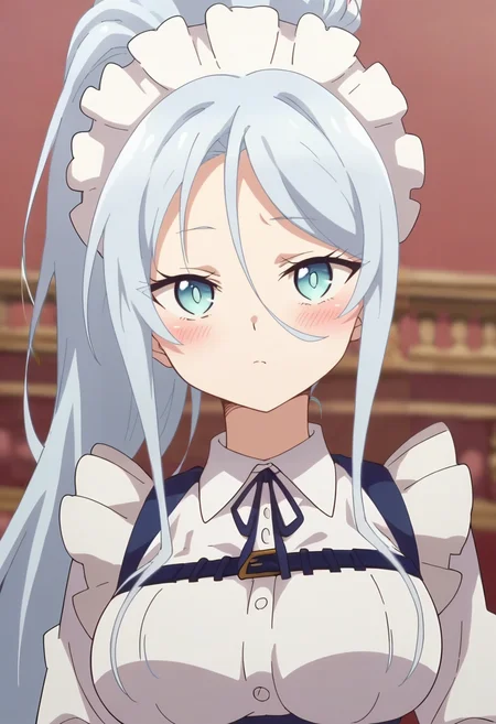<lora:Sylpha:1> sylpha, long_hair, 1girl, blue_eyes, blue_hair, solo, blush, large_breasts, ponytail , maid_headdress, maid, apron, upper body, looking at viewer, score_9, score_8_up, score_7_up, , anime coloring ,BREAK source_anime, anime
