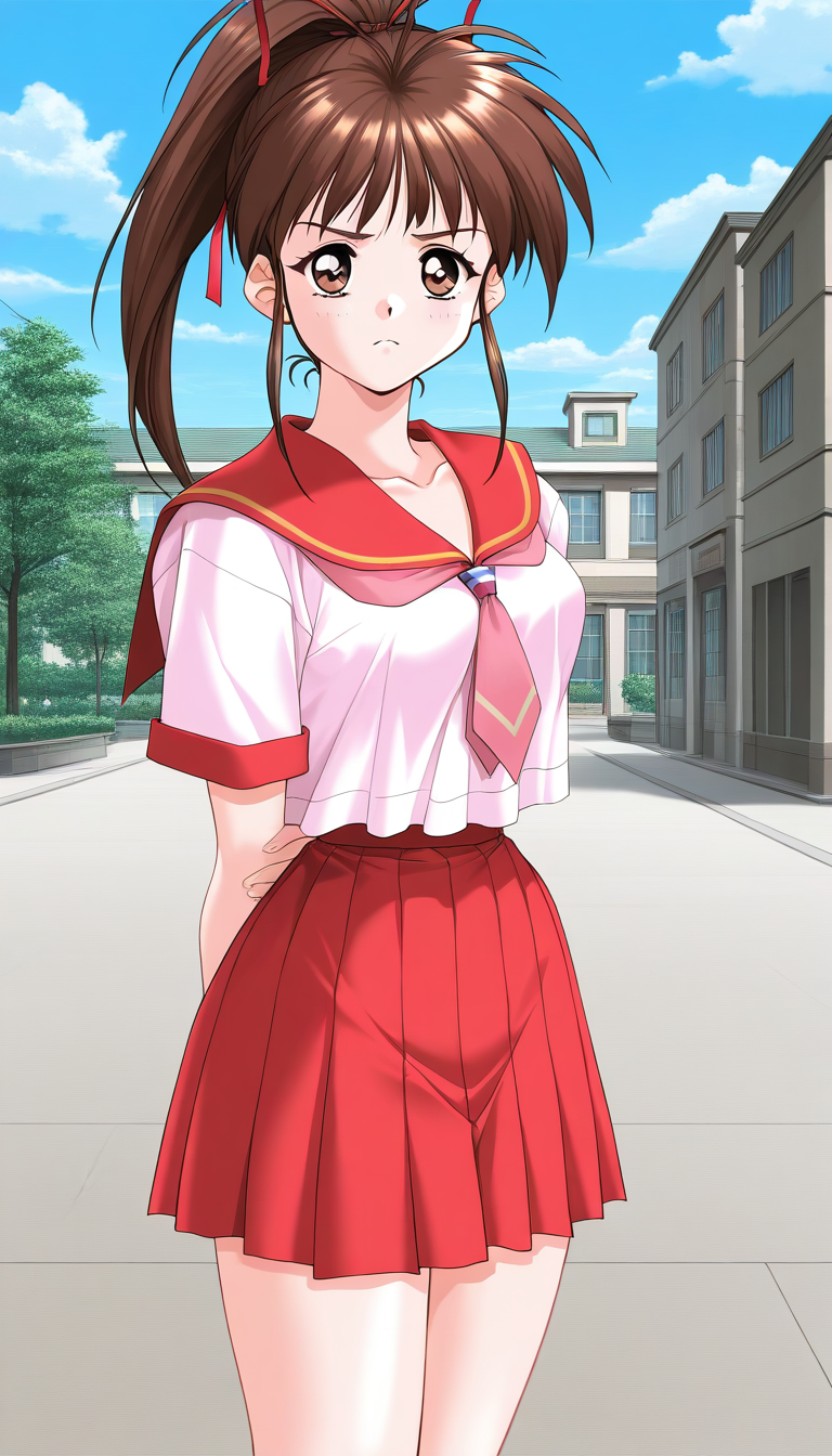 general,highres, game cg, ultra-detailed,very aesthetic,best quality ,best hands,  BREAK  <lora:Tanaka_Misa_IS:1>TanakaMisa, 1girl, brown hair,brown eyes, ponytail, long hair, breasts, hair ribbon, medium breasts, school uniform, serafuku, red skirt, pleated skirt,  frown,
solo, skirt, day, outdoors, looking at viewer, arms behind back, sky, building, cowboy shot, cloud, necktie, short sleeves, bangs, high ponytail, sailor collar.
1990s (style), takei masaki style,