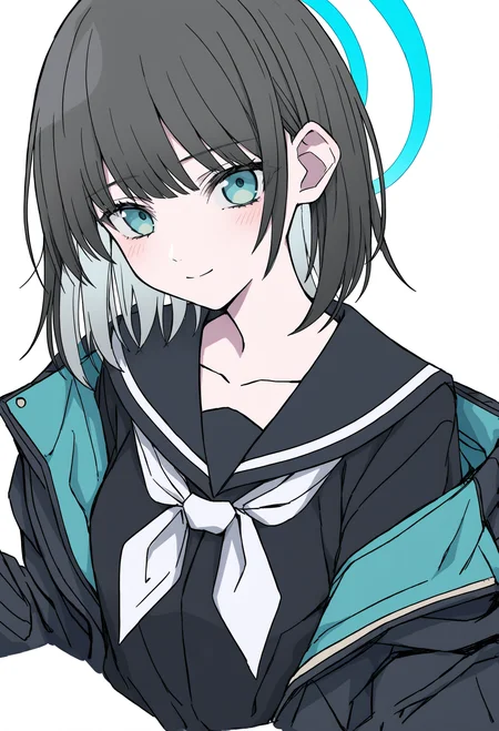 1girl,
solo, short hair, school uniform, serafuku, upper body, sailor collar, jacket, black sailor collar, neckerchief, black hair, black shirt, aqua eyes, shirt, closed mouth, black serafuku, white neckerchief, blush
masterpiece, looking at viewer, long sleeves, cropped torso, halo, open jacket, grey hair, smile, colored inner hair, multicolored hair, black jacket, blue eyes, off shoulder, white background, two-tone hair, open clothes, simple background, collarbone, bob cut,
.
best quality, very aesthetic, absurdres
<lora:hakuhiruoeoefornoob:0.95>
