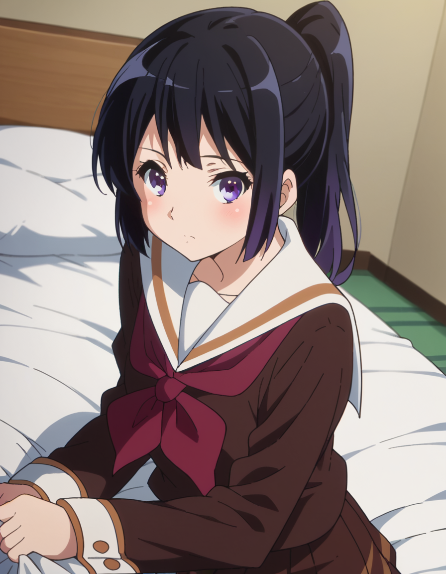 score_9, score_8_up, score_7_up, source_anime,
reinakousaka, <lora:reina-kousaka-ponyxl-lora-nochekaiser:1>,
reina kousaka, long hair, bangs, black hair, purple eyes,
ponytail, skirt, shirt, long sleeves, school uniform, pleated skirt, serafuku, neckerchief, brown skirt, white sailor collar, brown shirt, kitauji high school uniform, red neckerchief,
indoors, bed, bed room, on side, blush, drunk,
looking at viewer, cowboy shot, dutch angle,