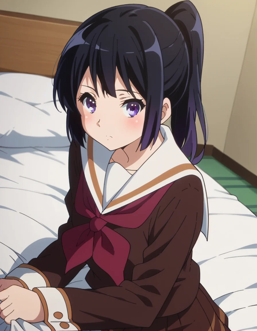score_9, score_8_up, score_7_up, source_anime,
reinakousaka, <lora:reina-kousaka-ponyxl-lora-nochekaiser:1>,
reina kousaka, long hair, bangs, black hair, purple eyes,
ponytail, skirt, shirt, long sleeves, school uniform, pleated skirt, serafuku, neckerchief, brown skirt, white sailor collar, brown shirt, kitauji high school uniform, red neckerchief,
indoors, bed, bed room, on side, blush, drunk,
looking at viewer, cowboy shot, dutch angle,
