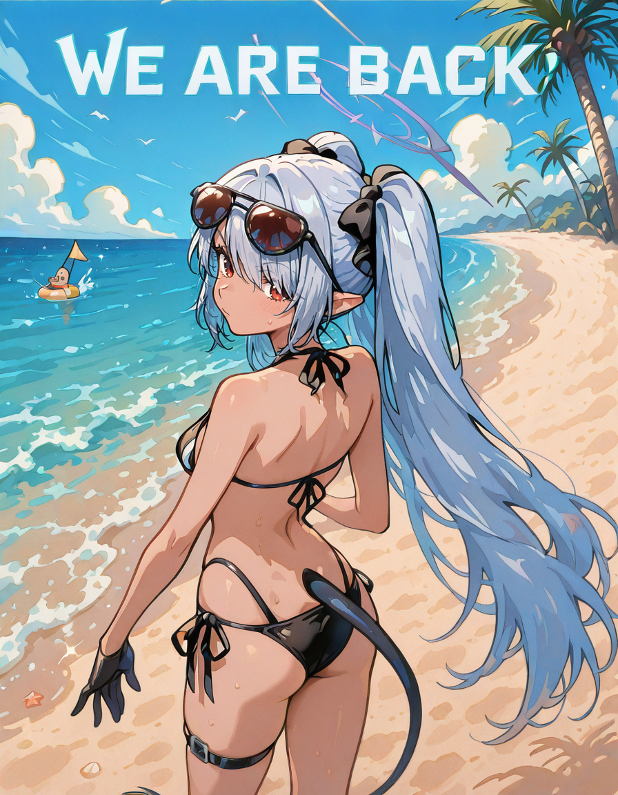 HDA_MasterpieceXL_v1.2,  <lora:Iori_Shiromi_swimsuit_-_Blue_Archive:1> IoriSWIL, 1girl, long hair, twintails, tail, eyewear on head, thigh belt,  <lora:We4reSoB4ck_IXL:1> We4reSoB4ck, text, outdoors, beach