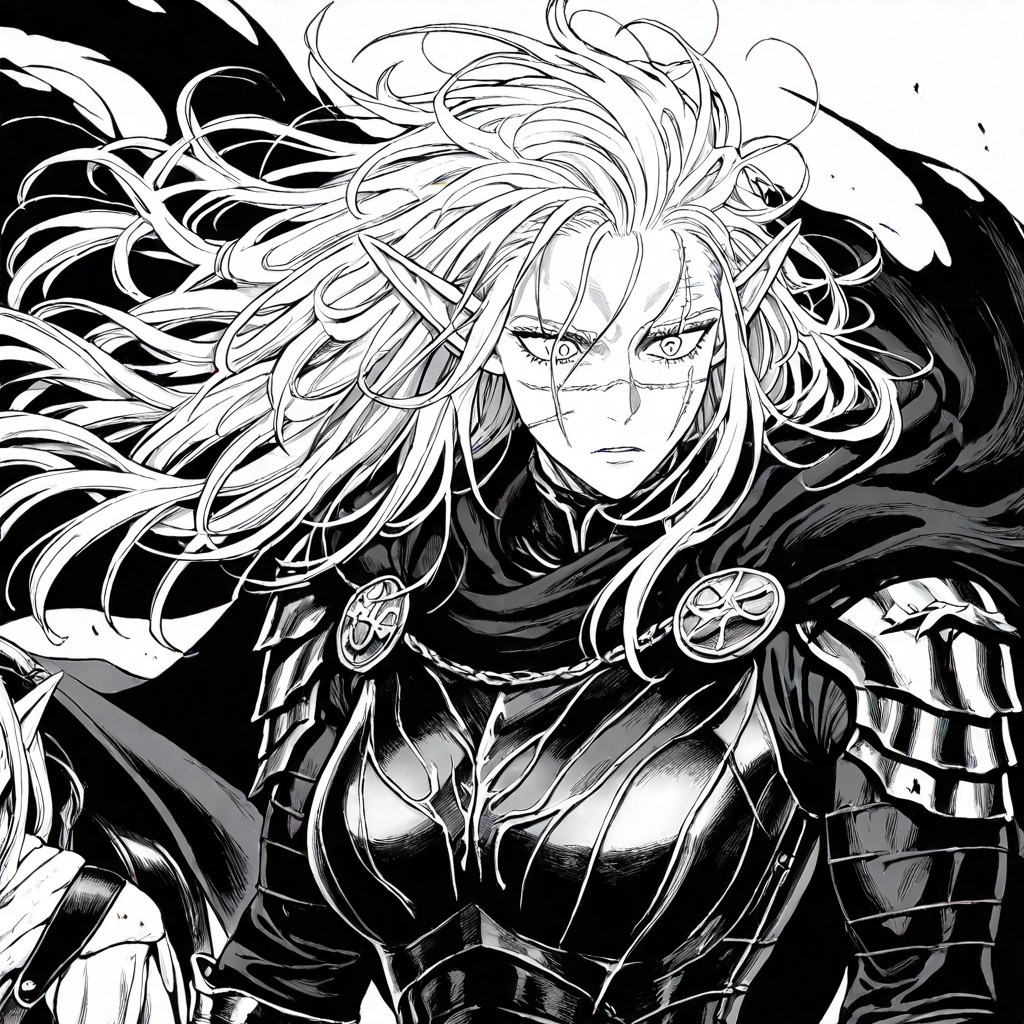 masterpiece, best quality, newest, absurdres, highres, EMPILV1.0, manga, monochrome, greyscale, solo, solo focus,
1girl, pale, white skin, colored skin, pale skin, elf, pointy ears, muscular woman, armor, cape, leather armor, scar, scars on face, white hair, long hair, messy hair,