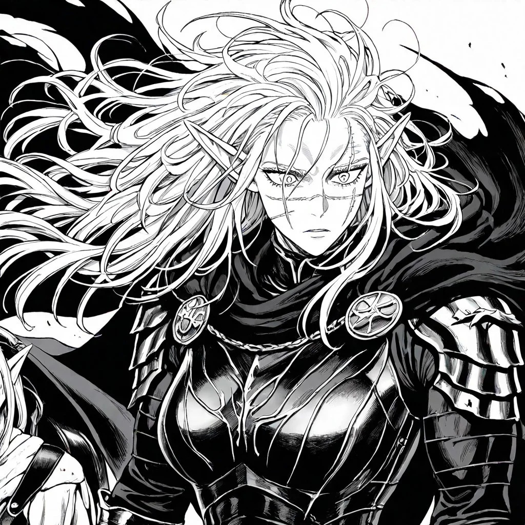 masterpiece, best quality, newest, absurdres, highres, EMPILV1.0, manga, monochrome, greyscale, solo, solo focus,
1girl, pale, white skin, colored skin, pale skin, elf, pointy ears, muscular woman, armor, cape, leather armor, scar, scars on face, white hair, long hair, messy hair,