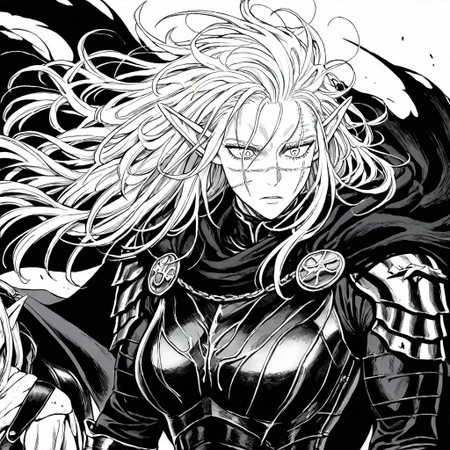 masterpiece, best quality, newest, absurdres, highres, EMPILV1.0, manga, monochrome, greyscale, solo, solo focus,
1girl, pale, white skin, colored skin, pale skin, elf, pointy ears, muscular woman, armor, cape, leather armor, scar, scars on face, white hair, long hair, messy hair,