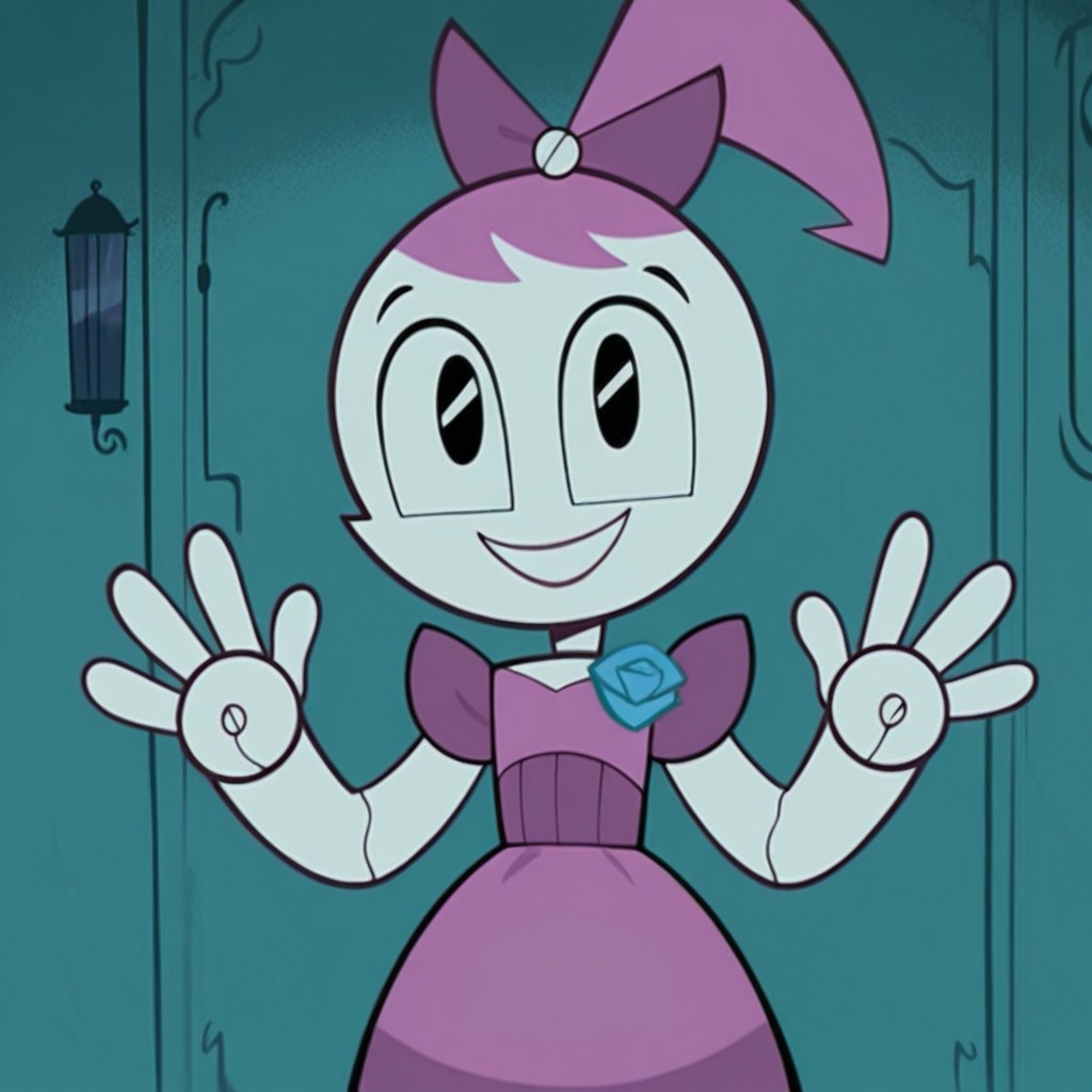 score_10, score_9_up, score_8_up, score_7_up, score_6_up, dance dress jenny, jenny wakeman, 1girl, solo, robot joints, black eyes, ponytail, hair bow, blue rose chest corsage, poofy dress, pink hair, pink dress, dark colors, waving, looking at viewer, smile, open mouth, upper body, cowboy shot, indoors