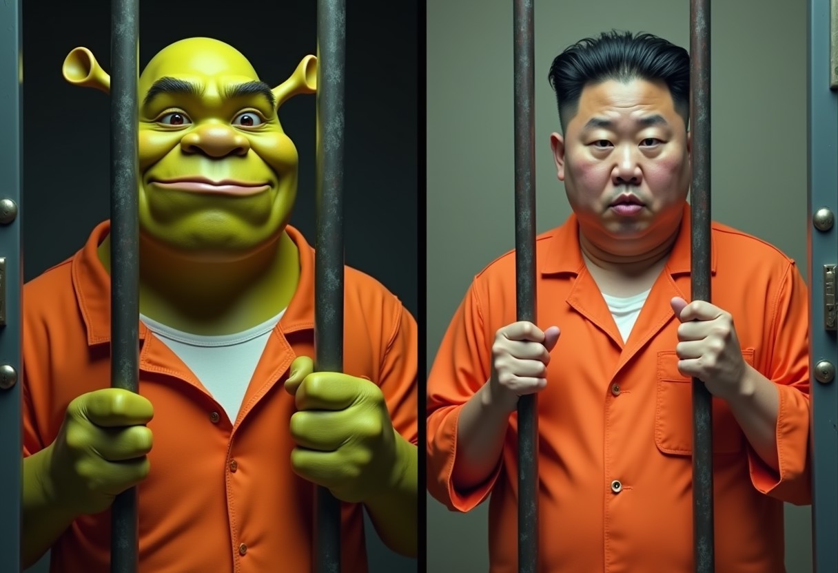 A two panel image split vertically, on the left panel is SHREK wearing an orange jumpsuit, behind bars, on the right panel its a photorealistic image of KIM JONG UN wearing an orange jumpsuit behind bars, realistic, 4k, masterpiece