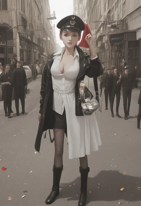 8k, anime illustration of a commissar girl in a leather jacket with a pistol, an unbuttoned shirt collar (round breasts, breasts together, cleavage) and a leather cap with a red star.
Location of the action: A town square in a Russian city during the Russian Civil War, circa 1918-1921.
Time of day: in the afternoon, warm sunlight casts soft shadows.
A Soviet-built building with a red banner and Soviet symbols (hammer and sickle) on the facade.
The building is designed in a classic Moscow style with ornate details that create a sense of historical authenticity.
Soldiers in Red Army uniforms standing at attention or moving purposefully.
Civilians in clothes appropriate to the era, some carrying goods, others gathered around, reflecting the social dynamics of the era.
A flagpole with a red flag waving in the wind symbolizes Soviet power.
Propaganda posters with slogans and images reflecting the spirit of the times are hung on the neighboring walls.
Military presence:
A military truck or light tank parked nearby adds realism to the military environment.
A cobbled street with a few scattered leaves indicating the changing seasons and the sense of place.
Dominant colors: earthy tones for buildings, muted greens and grays for the street.
Accent colors: Red flags and the Commissioner's red star create vibrant colors, drawing attention to her authority.
Lighting: Warm golden sunlight illuminates the stage, creating depth and emphasizing the commissioner's presence.