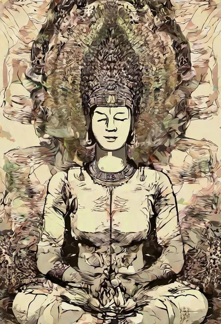 v0ng44g sk3tch, drawing, prehistorical indonesia, a young woman sitting in a meditating pose, crowned with fern leaf, organic headdress composition, in a tropical jungle, intricate hyperdetailed symmetry, dramatic top lighting, glitch effect, mandala